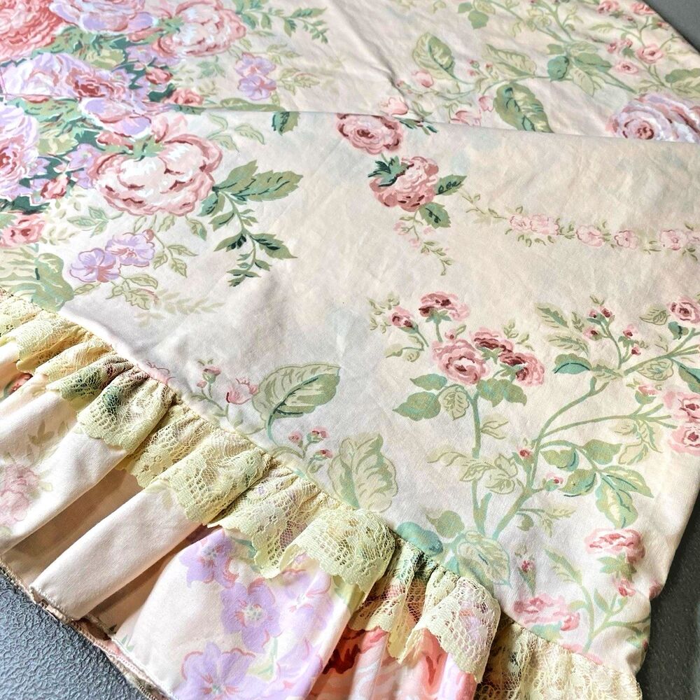 Springmaid Yardley II Percale Flat Sheet Vintage Floral Lace Pink Green Double